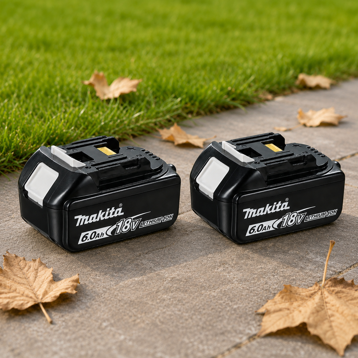Duas baterias Makita BL1860B 18V 6,0Ah lado a lado sobre gramado
