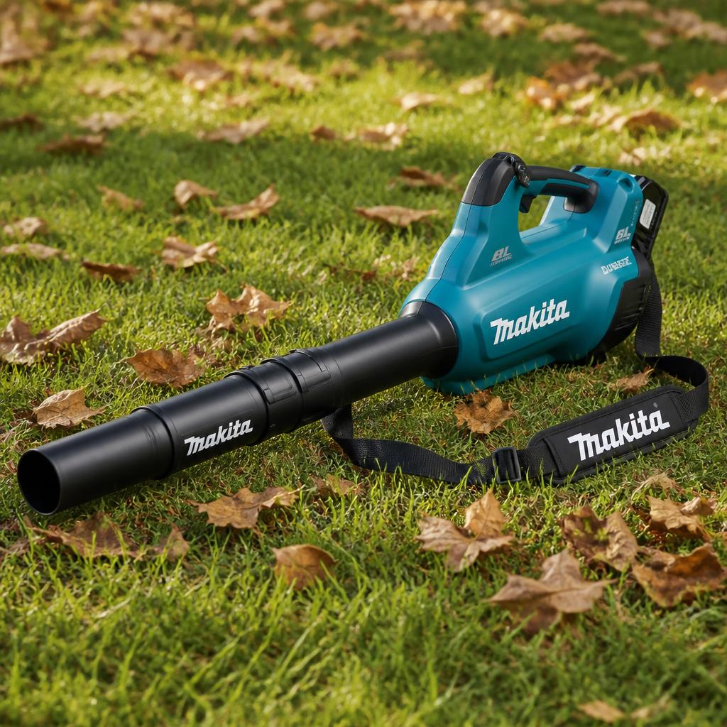 Soprador Makita DUB362Z com tubos e cinta de ombro sobre gramado com folhas secas