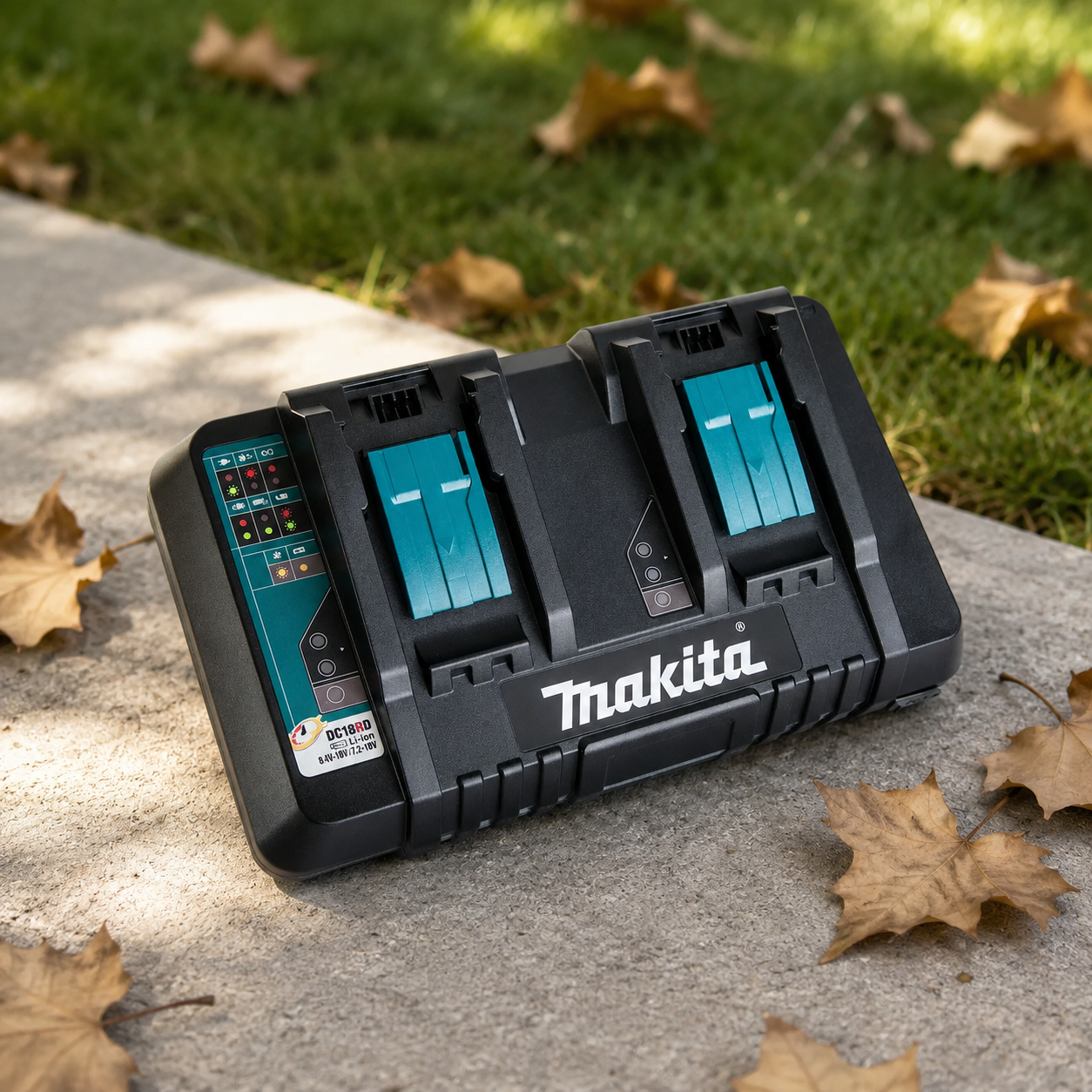 Carregador Makita duplo rápido DC18RD 220V sobre gramado com folhas secas